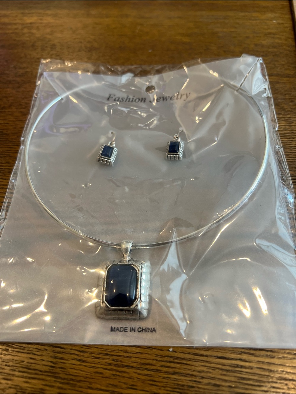 Silver Necklace and Earring Set with Dark Blue Stone
